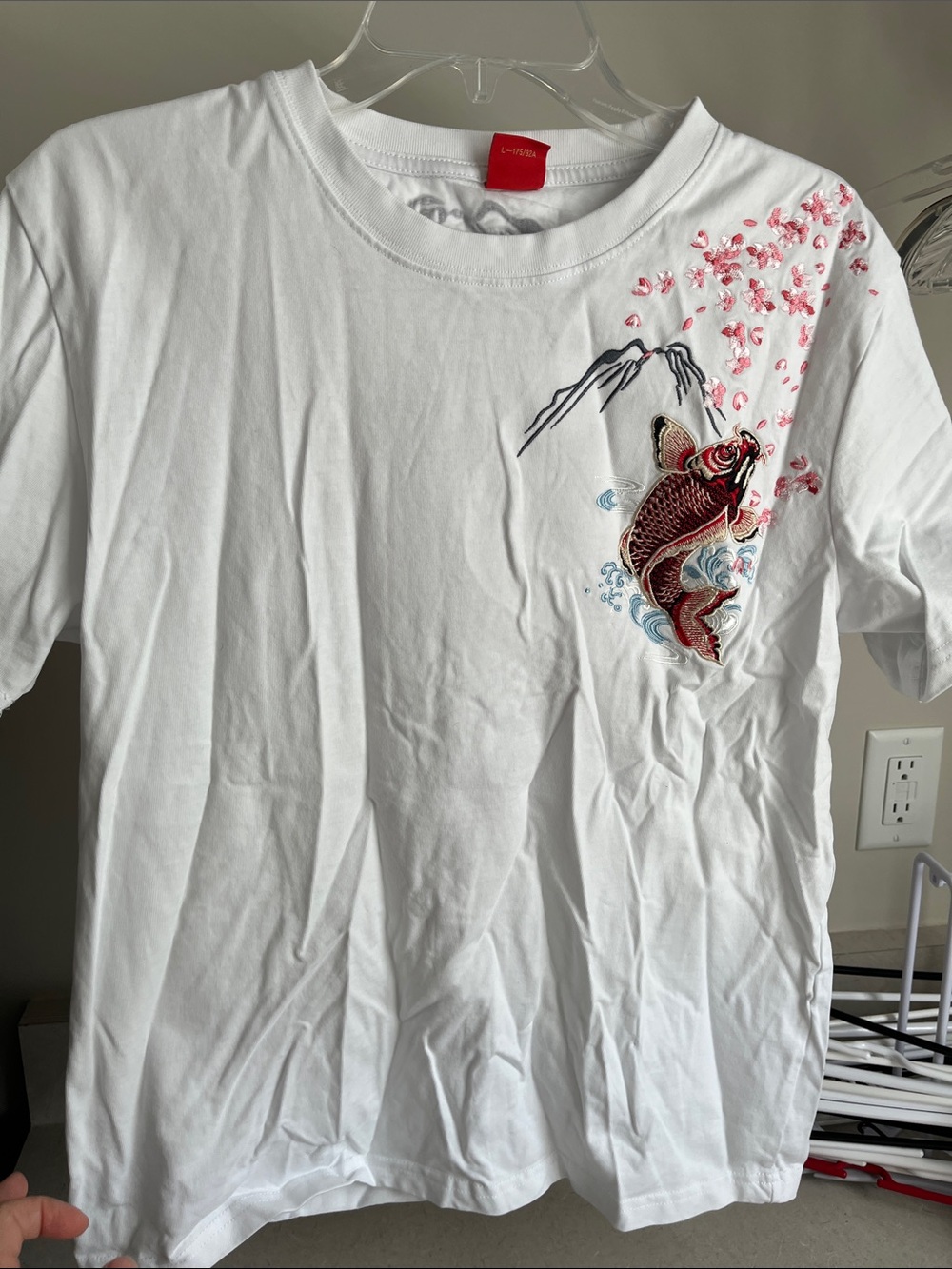 White Short Sleeve Tee with Red Koi and Pink Floral Accents